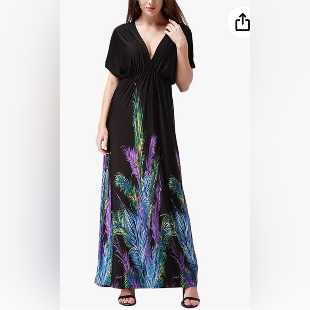Chic Black Maxi Dress with Vibrant Feather Pattern
